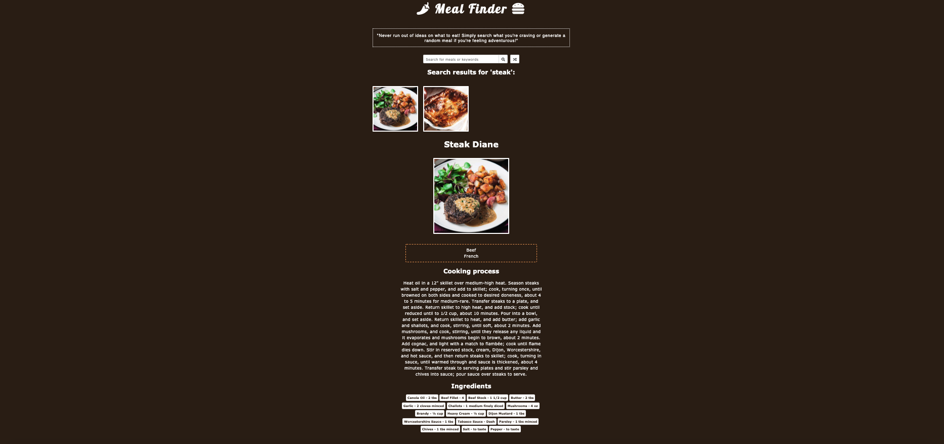 Meal recipe database